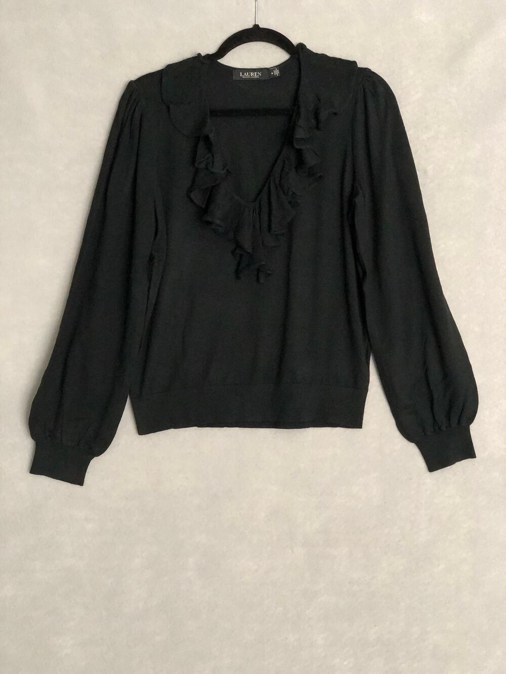Lauren Ralph Lauren V-Neck Top Women's XS Cotton Blend Ruffle Black NEW